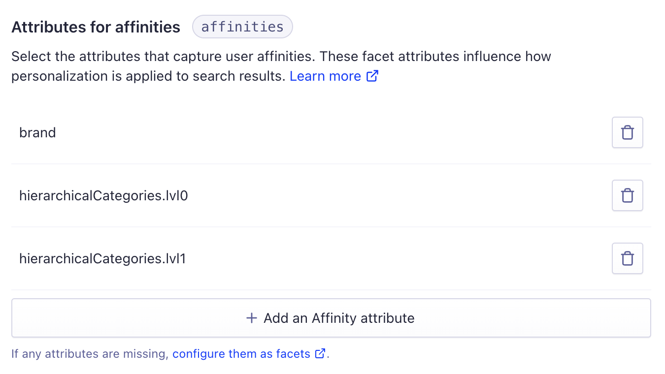 Dashboard interface to select the facets for affinities