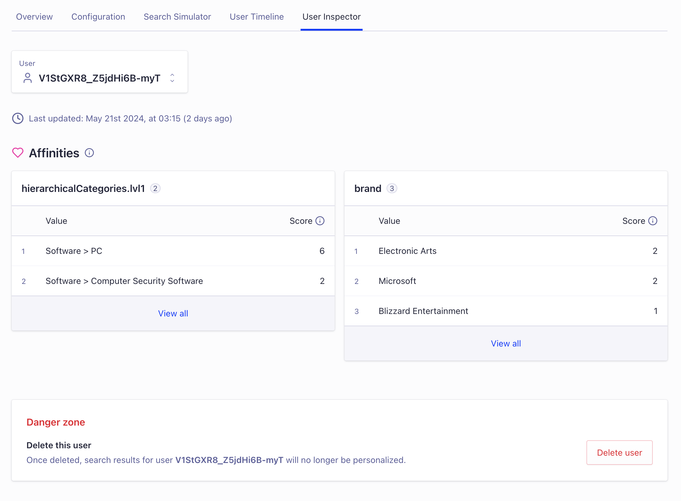 Dashboard interface to inspect a user profile