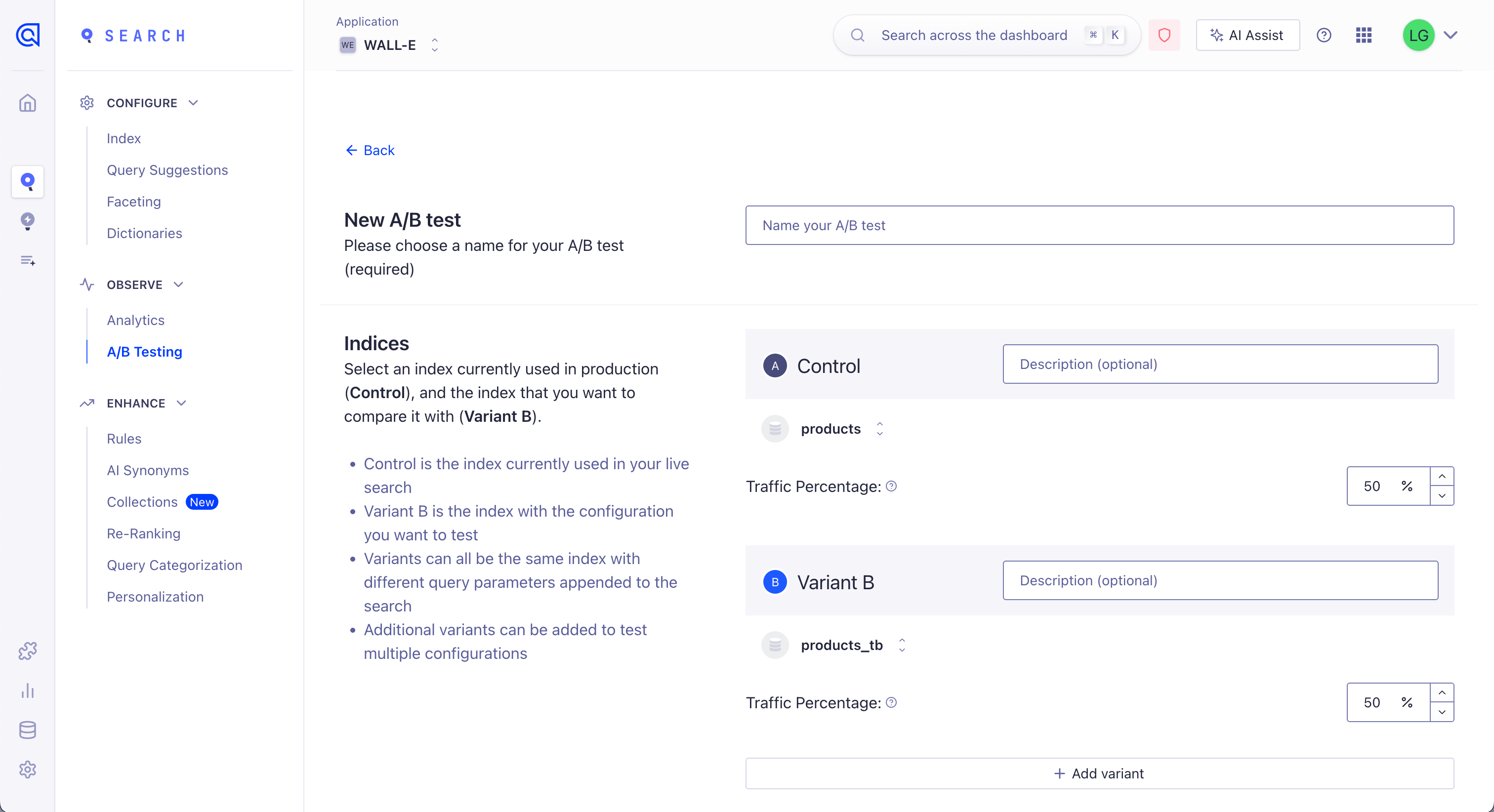 Create an AB test from the Algolia dashboard