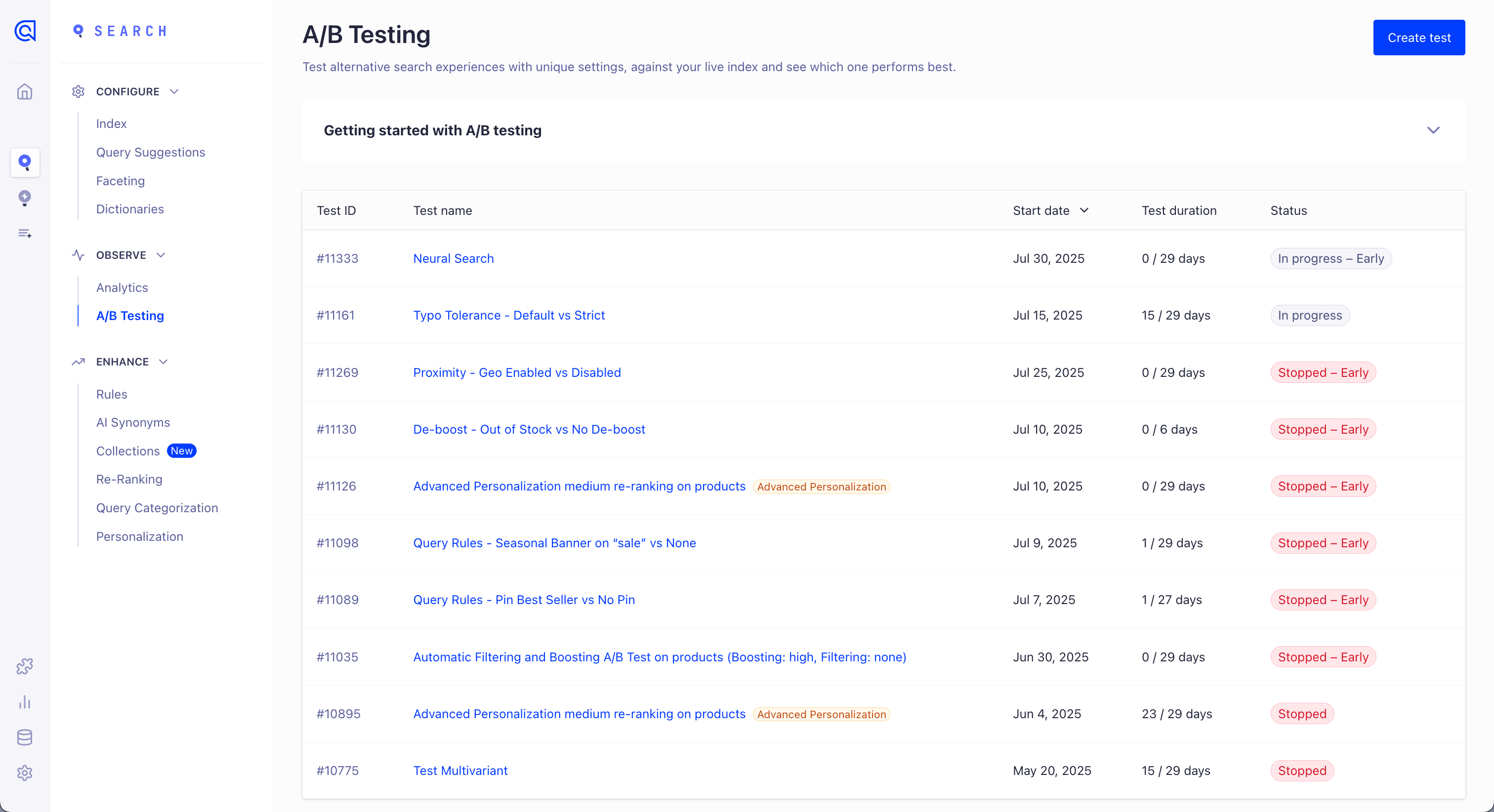 AB testing in the Algolia dashboard