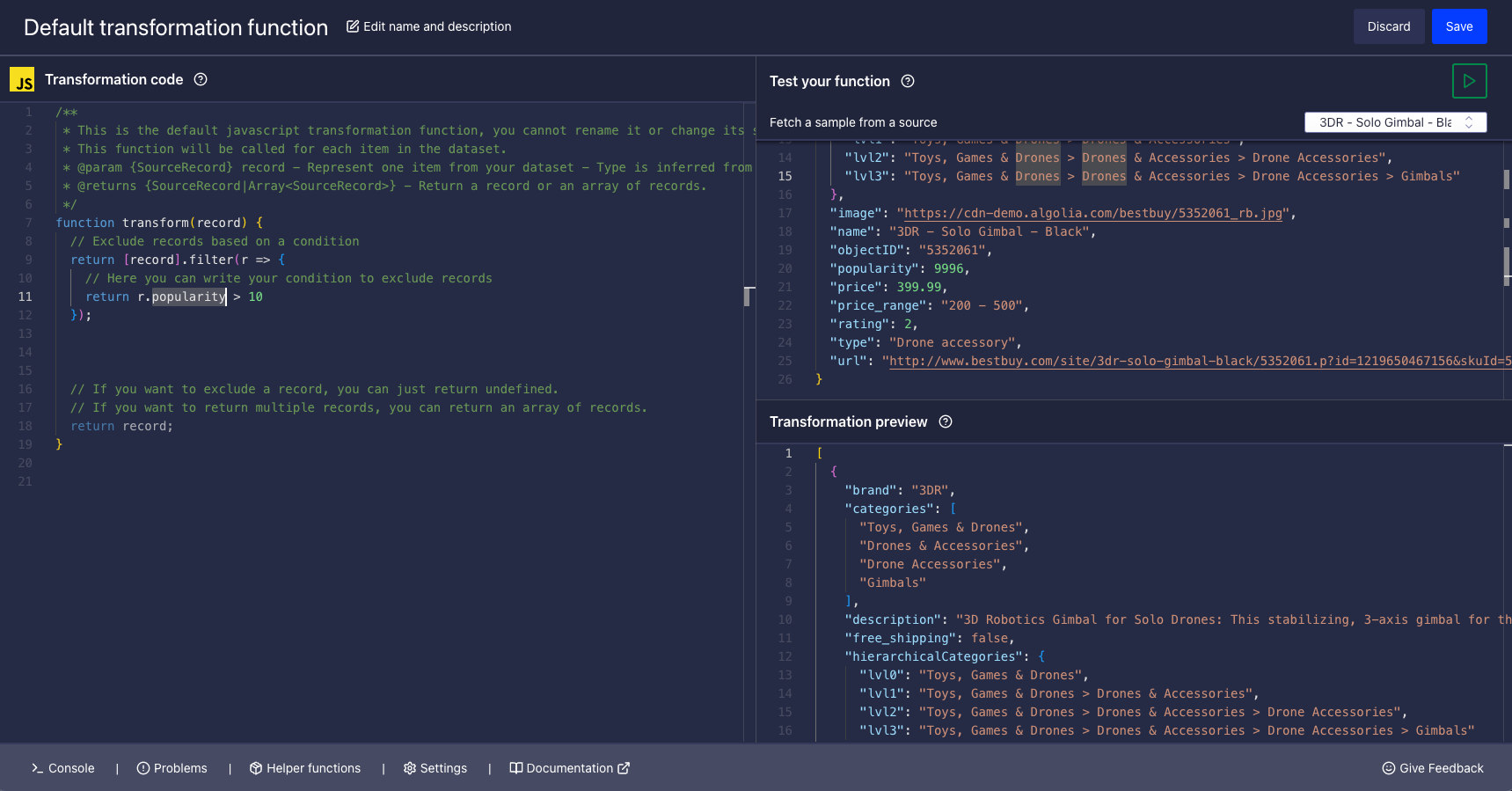 Preview your transformation running on a sample record