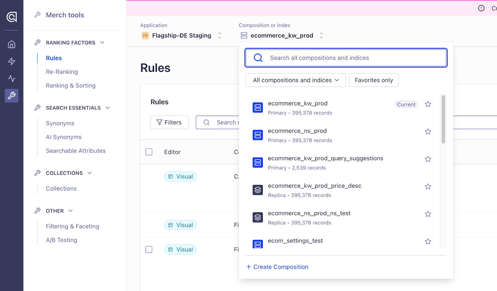 Merchandising Studio with index selector menu and a button that lets you create a new composition