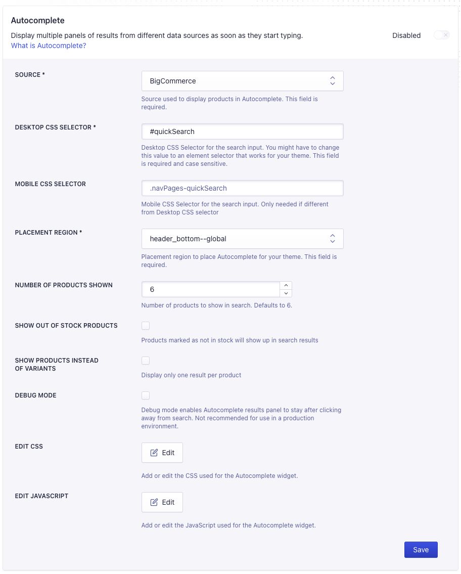 Autocomplete settings in the BigCommerce app
