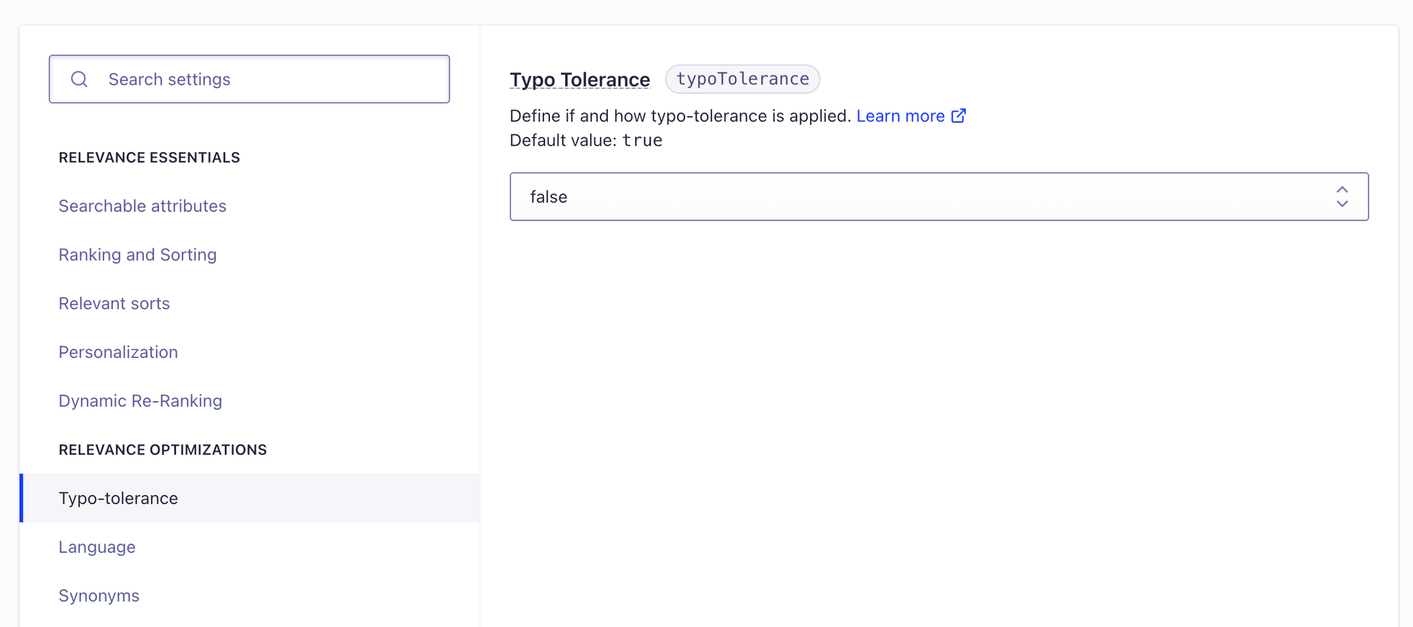 Example: Setting typo tolerance to a non default value from the Algolia Dashboard