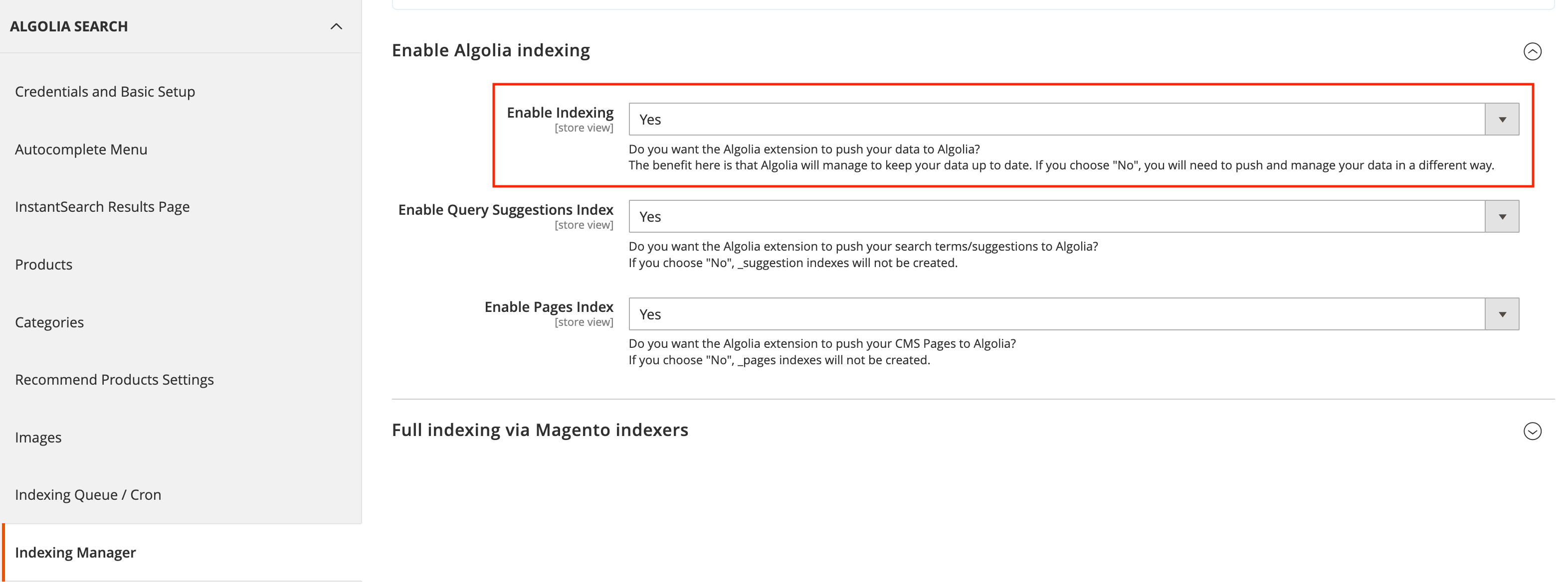 Enable Algolia indexing