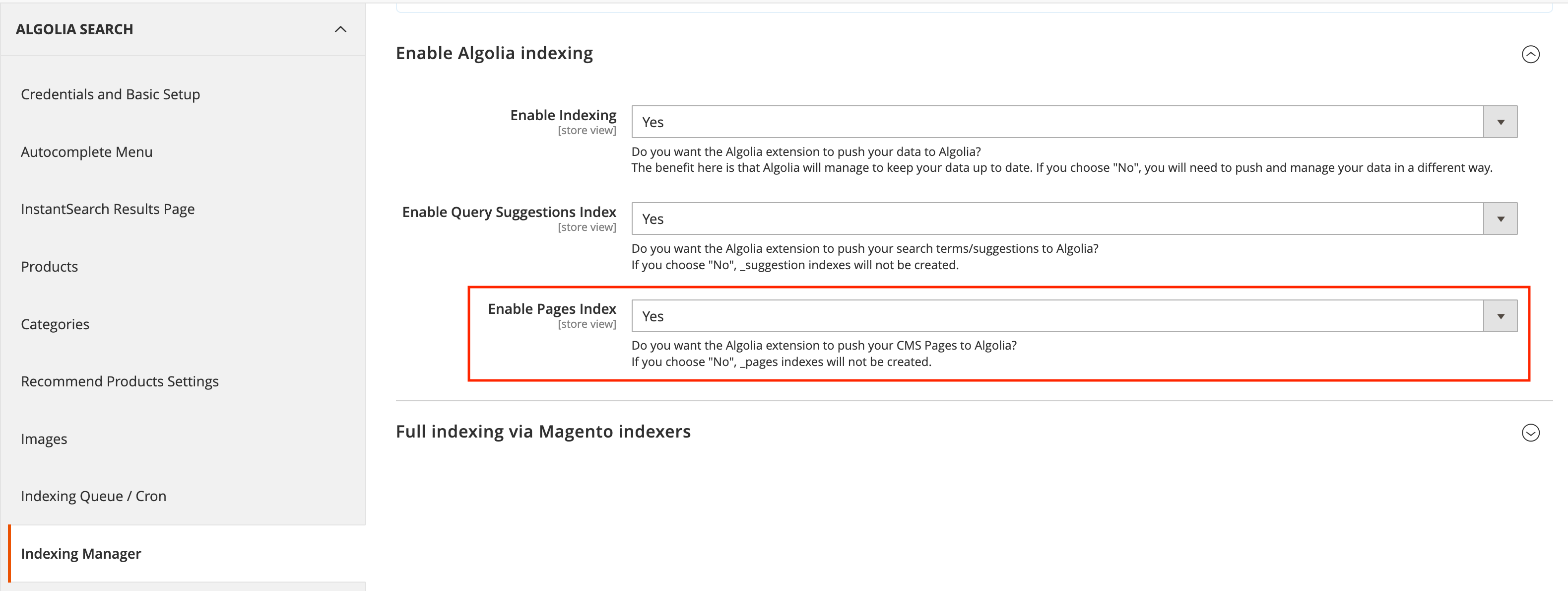 Enable query suggestions index