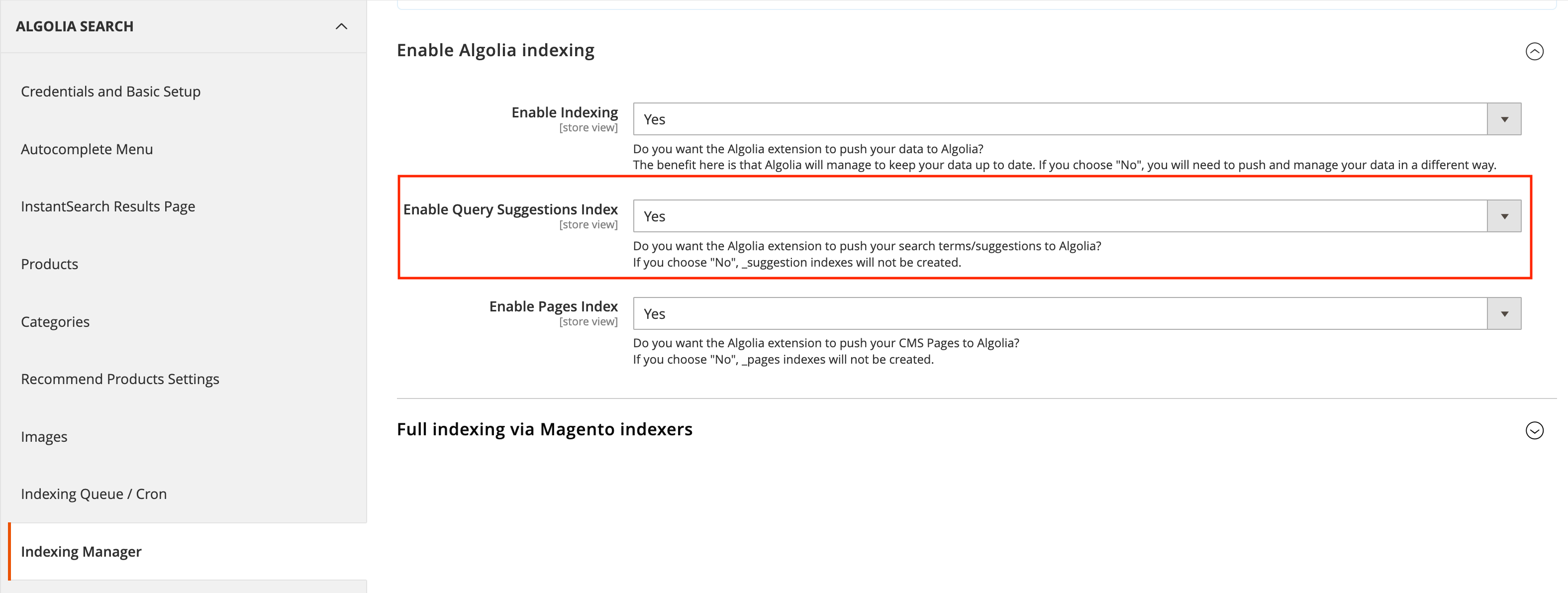 Enable query suggestions index