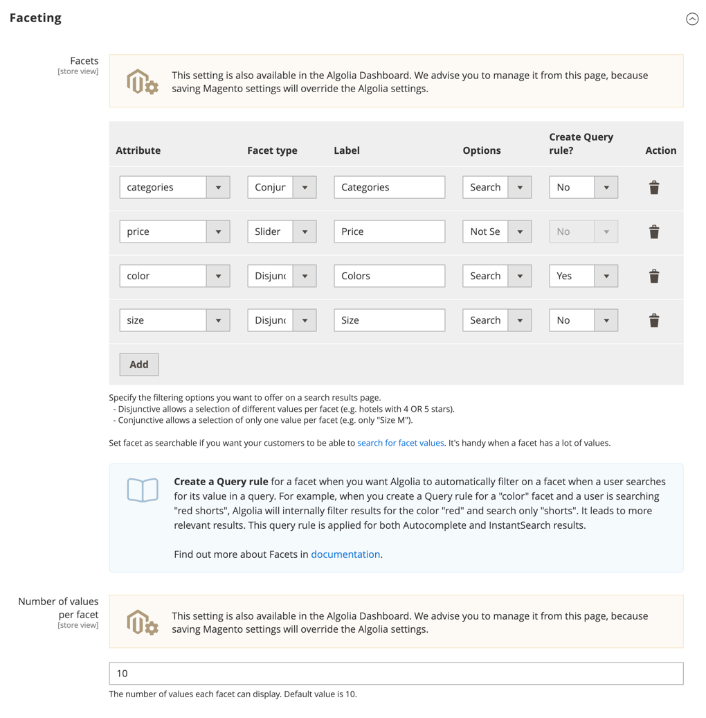 Configure the InstantSearch results page faceting