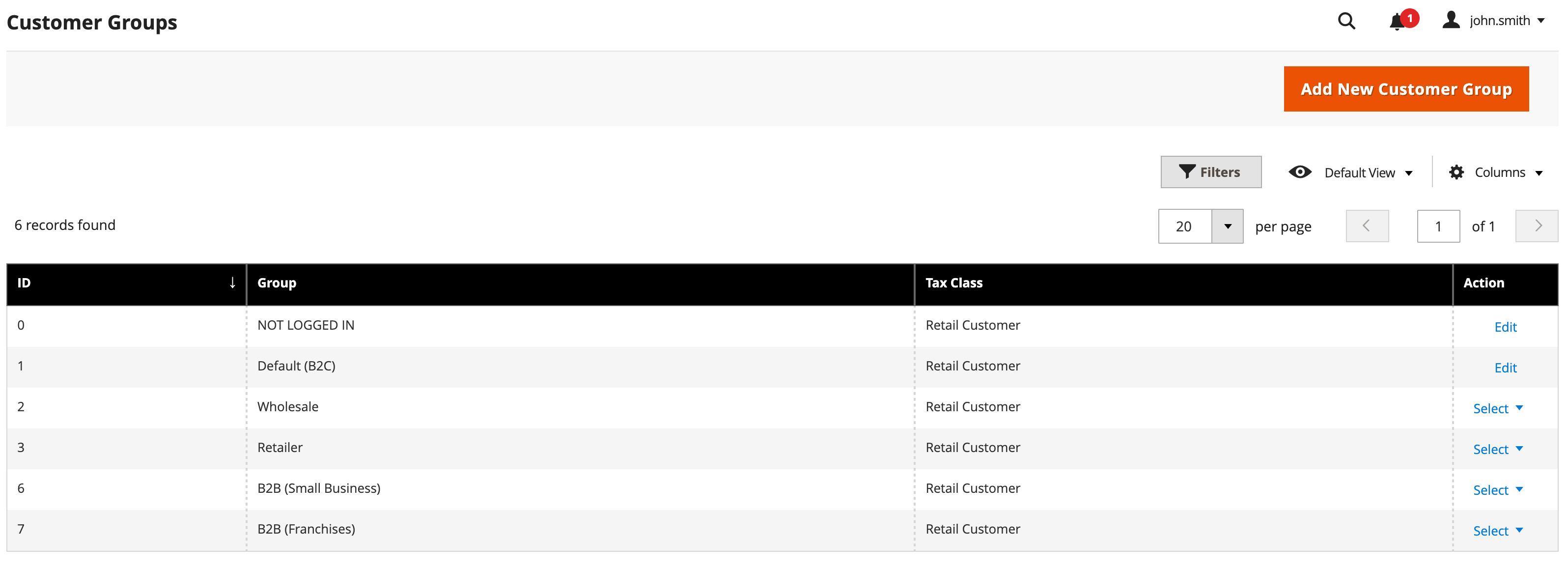 Customer groups grid