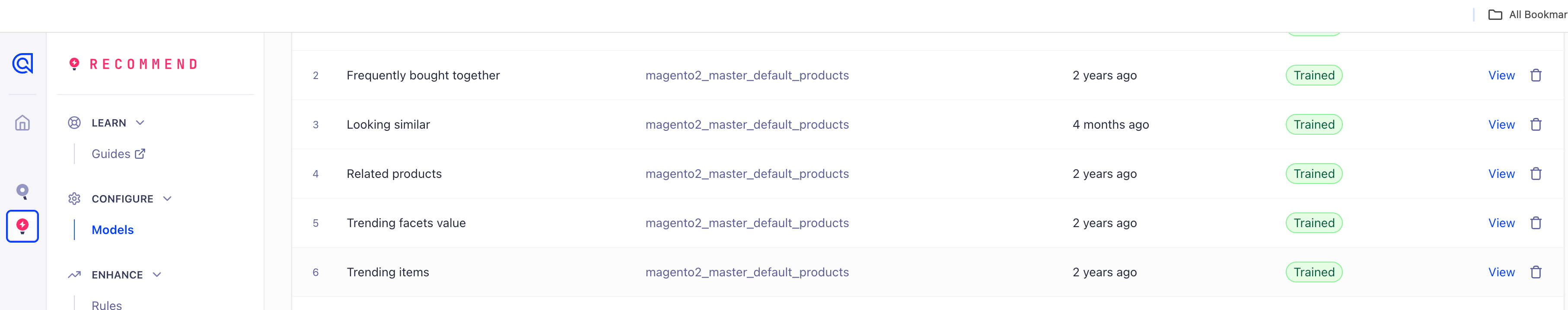 Trained models screenshot