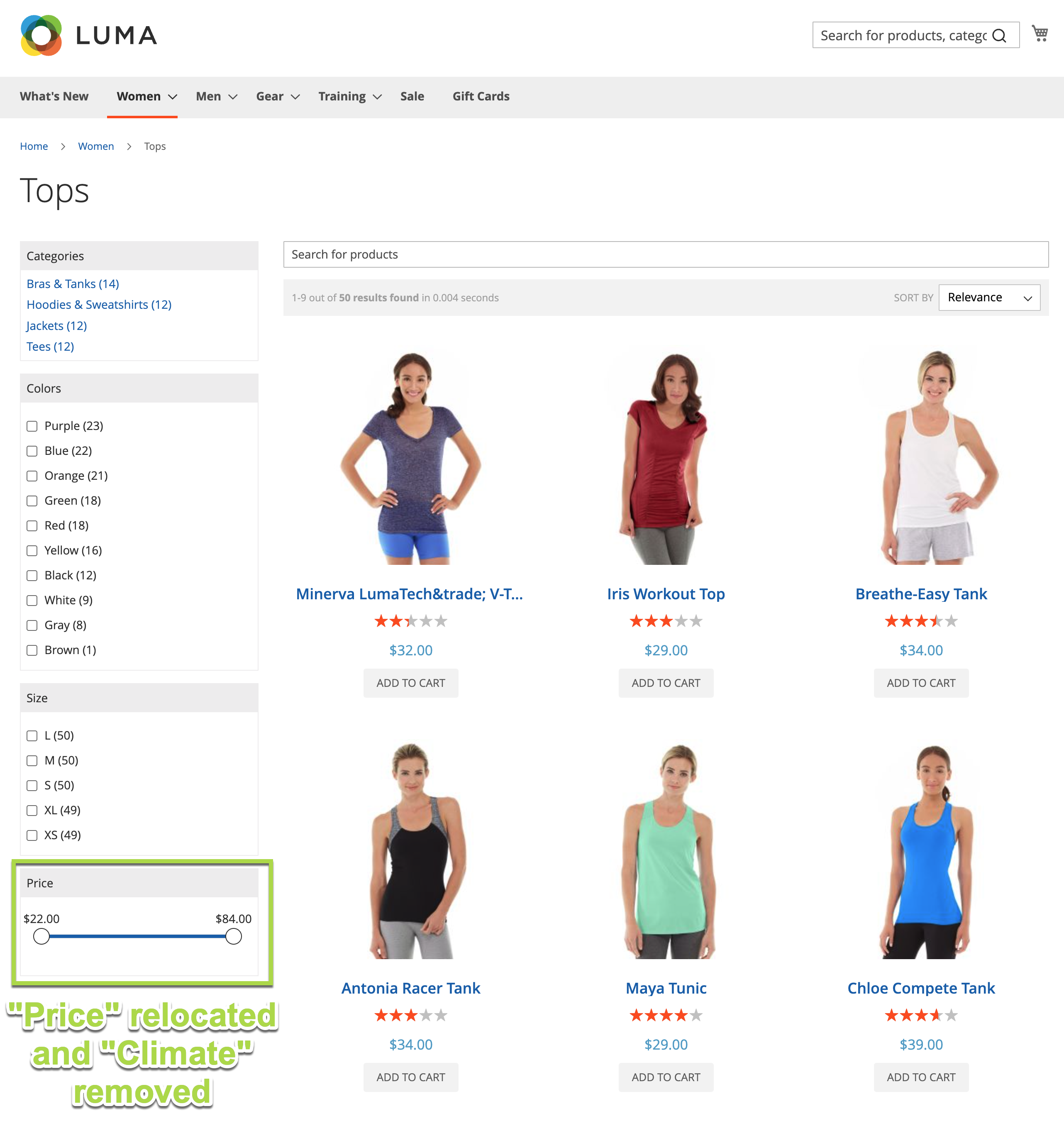 Dynamic faceting applied on a Magento product listing page