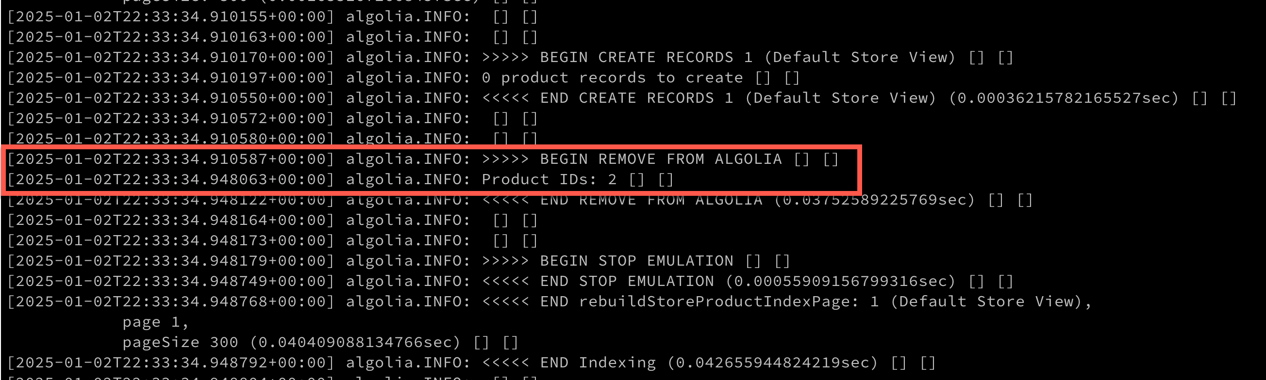 Logs indicate product was removed from Algolia