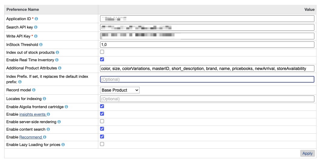 Configure Algolia Custom Preferences Group