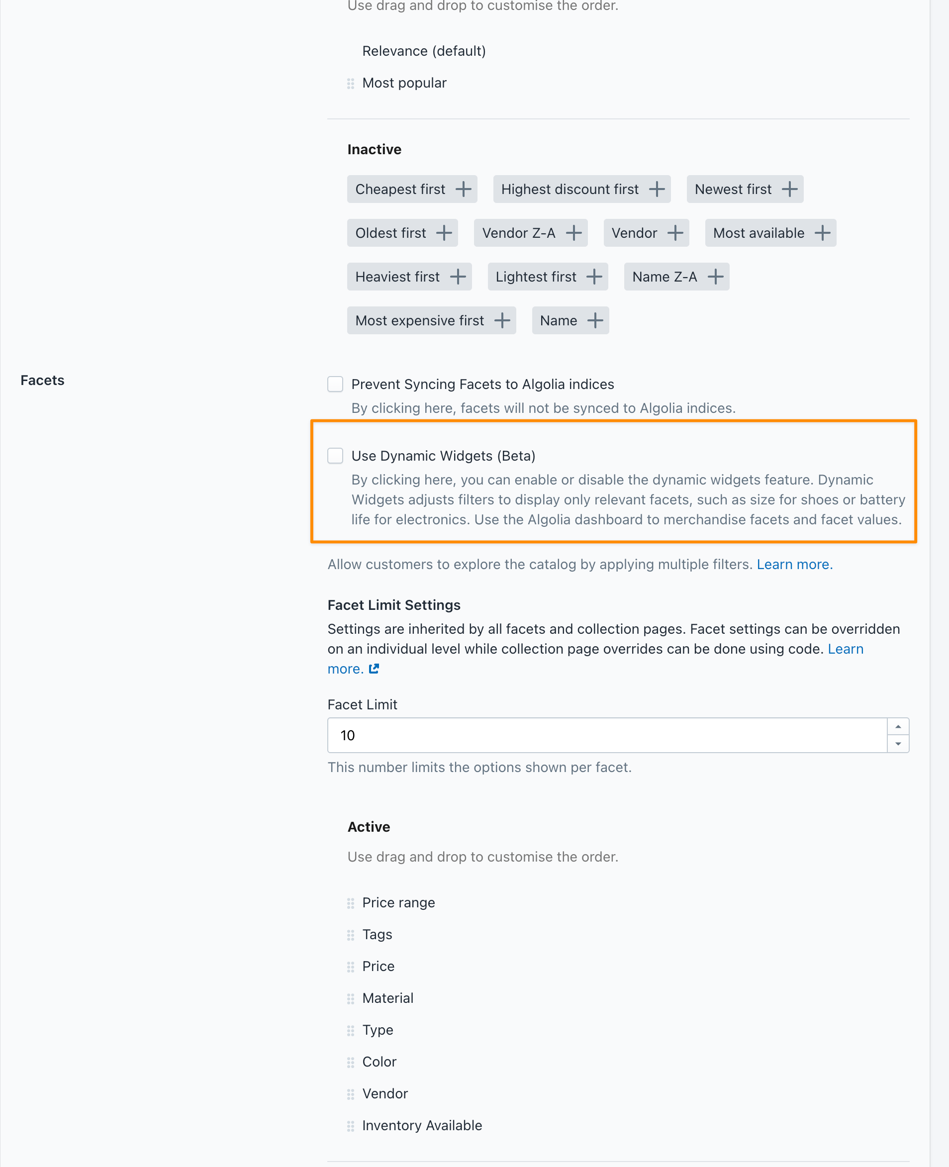 Facet display checkbox in the Shopify admin