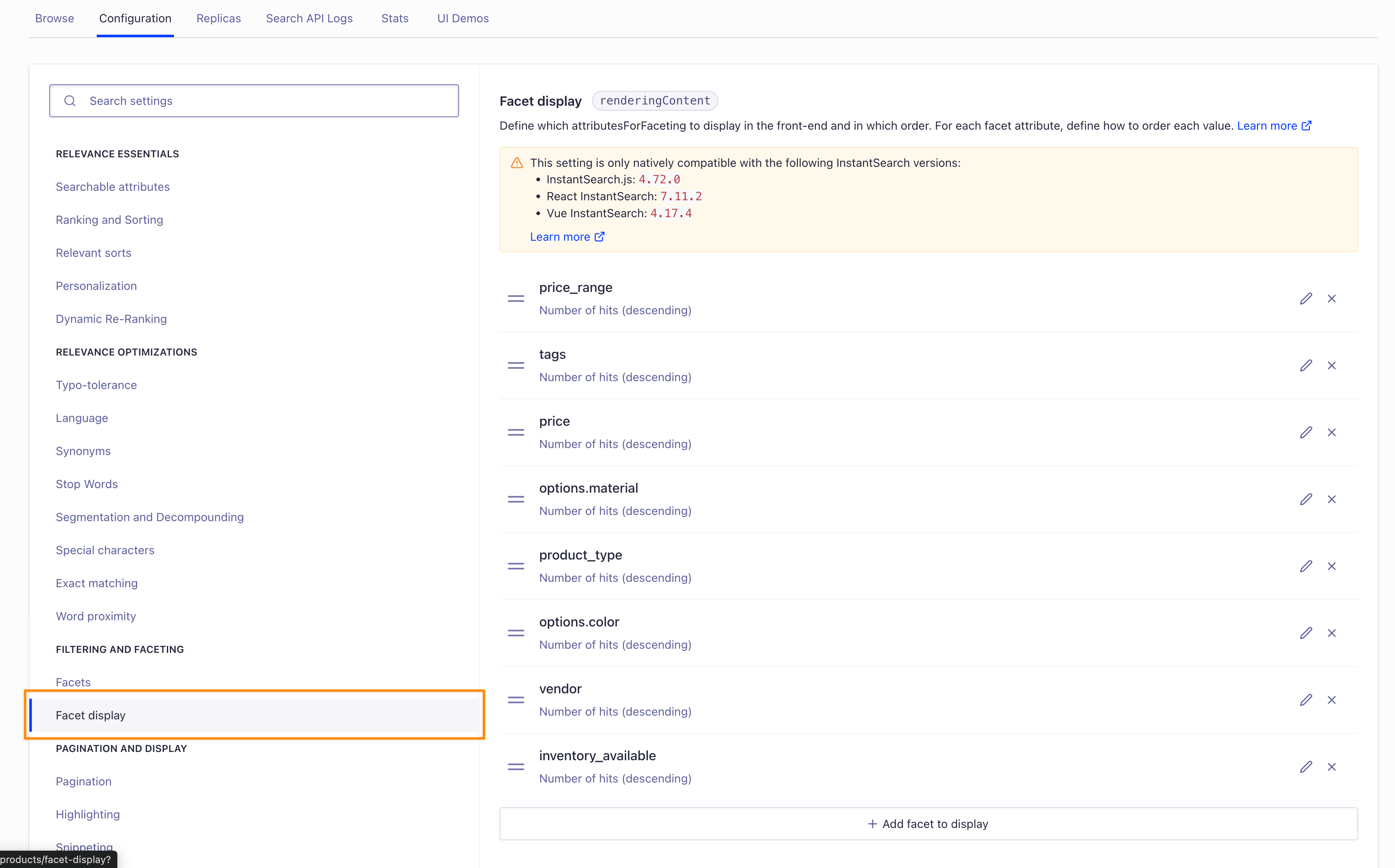 Facet display setting in the Algolia dashboard