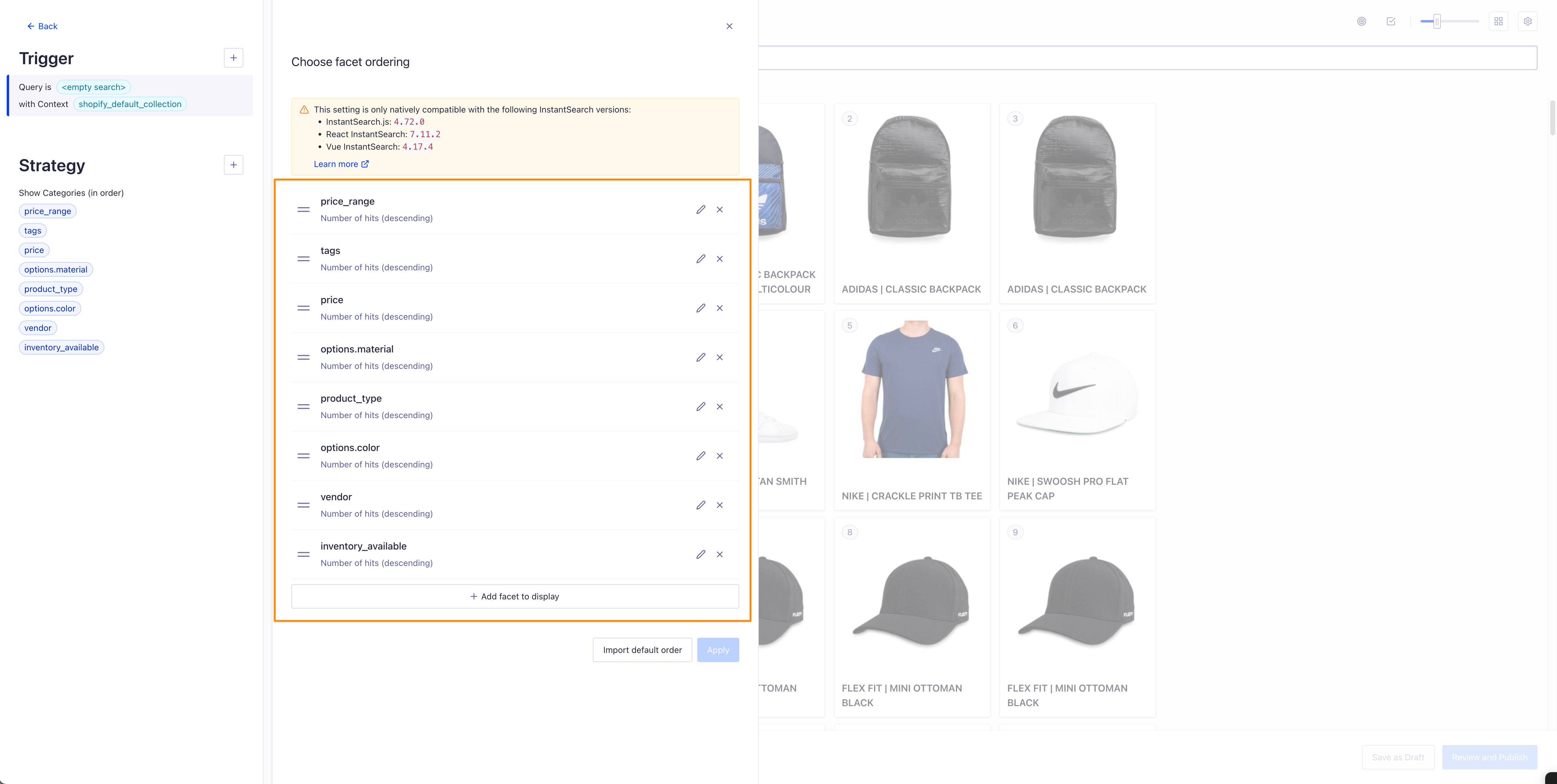 Facet display rule in the Algolia dashboard