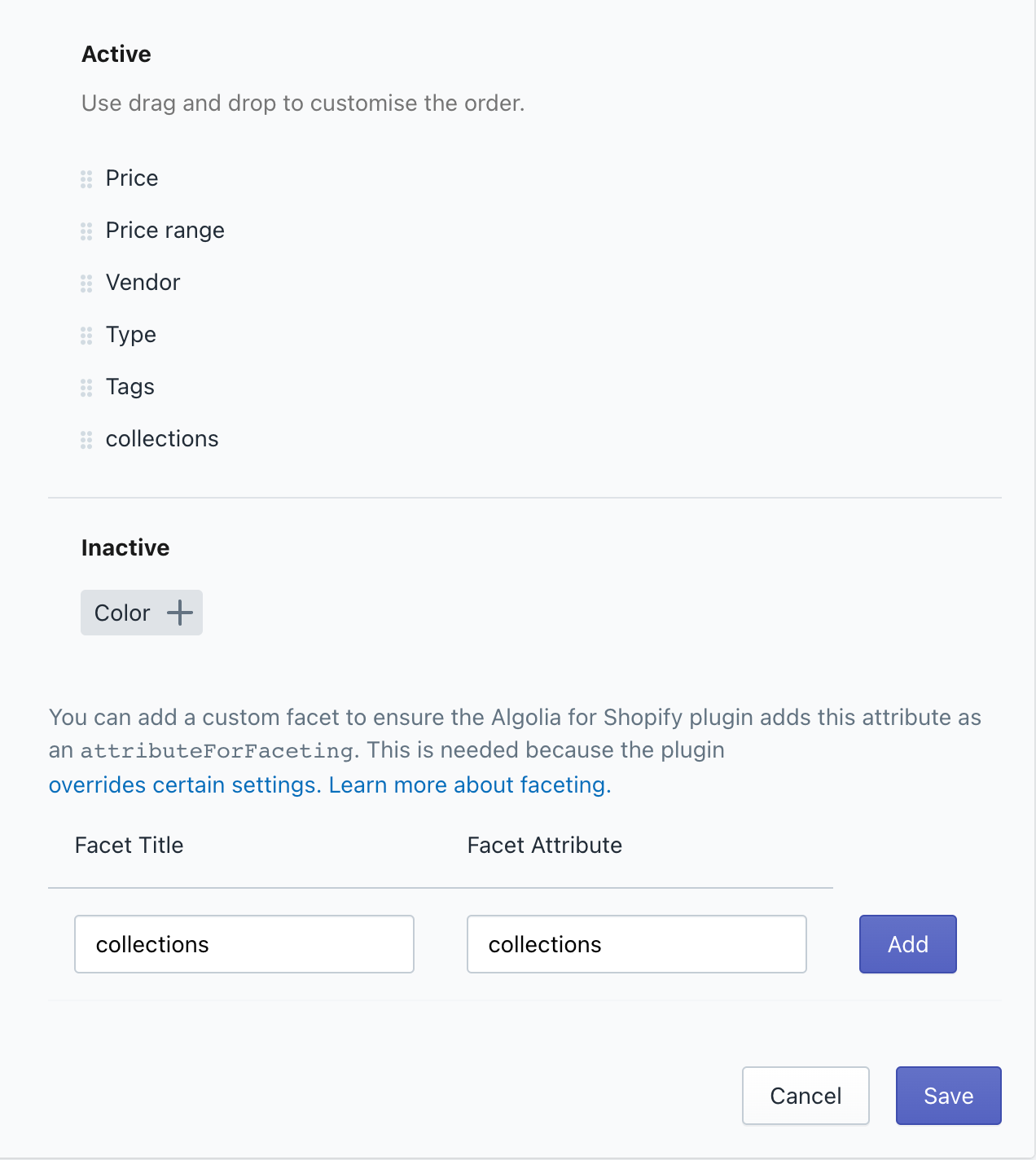 The Collection add facets settings in the Shopify admin