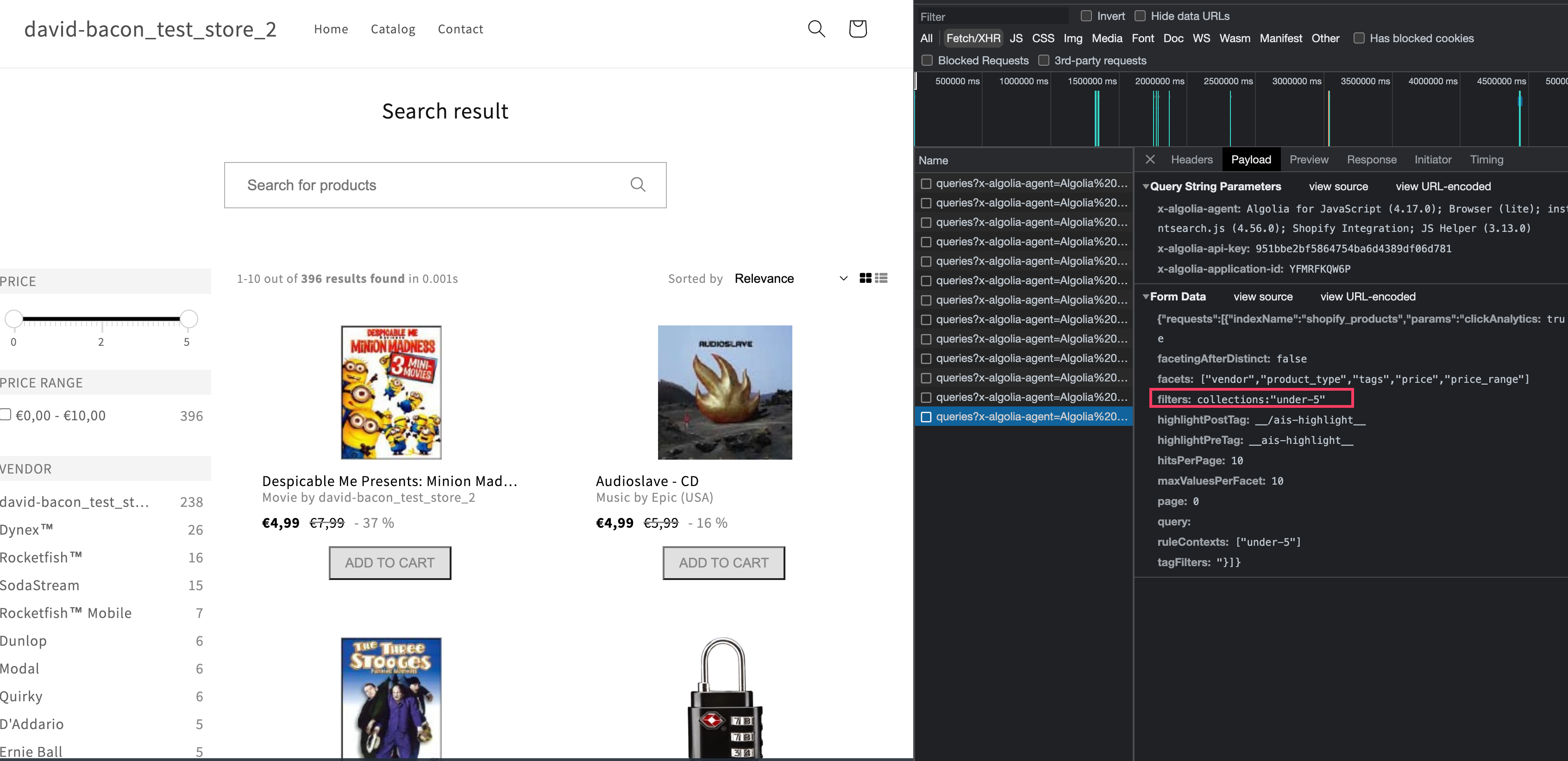Viewing the network tab of the Collection page
