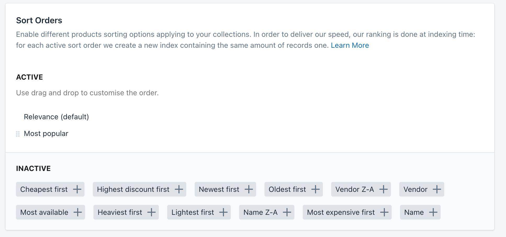 The Collection pages display settings in the Shopify admin