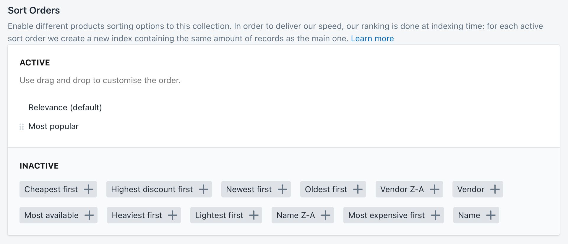 The Collection pages sort orders settings in the Shopify admin