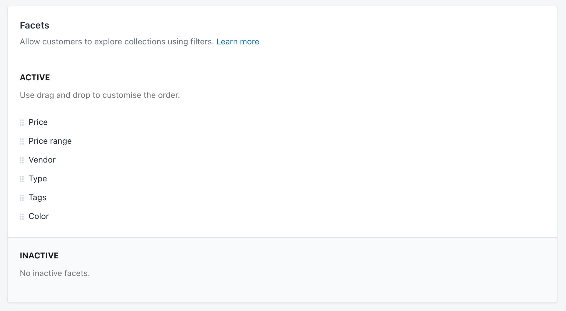 The Collection pages facets settings in the Shopify admin