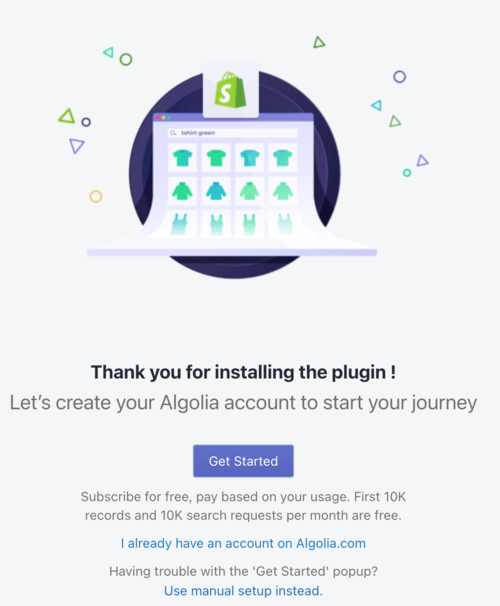 Click Get Started to link your Algolia account.