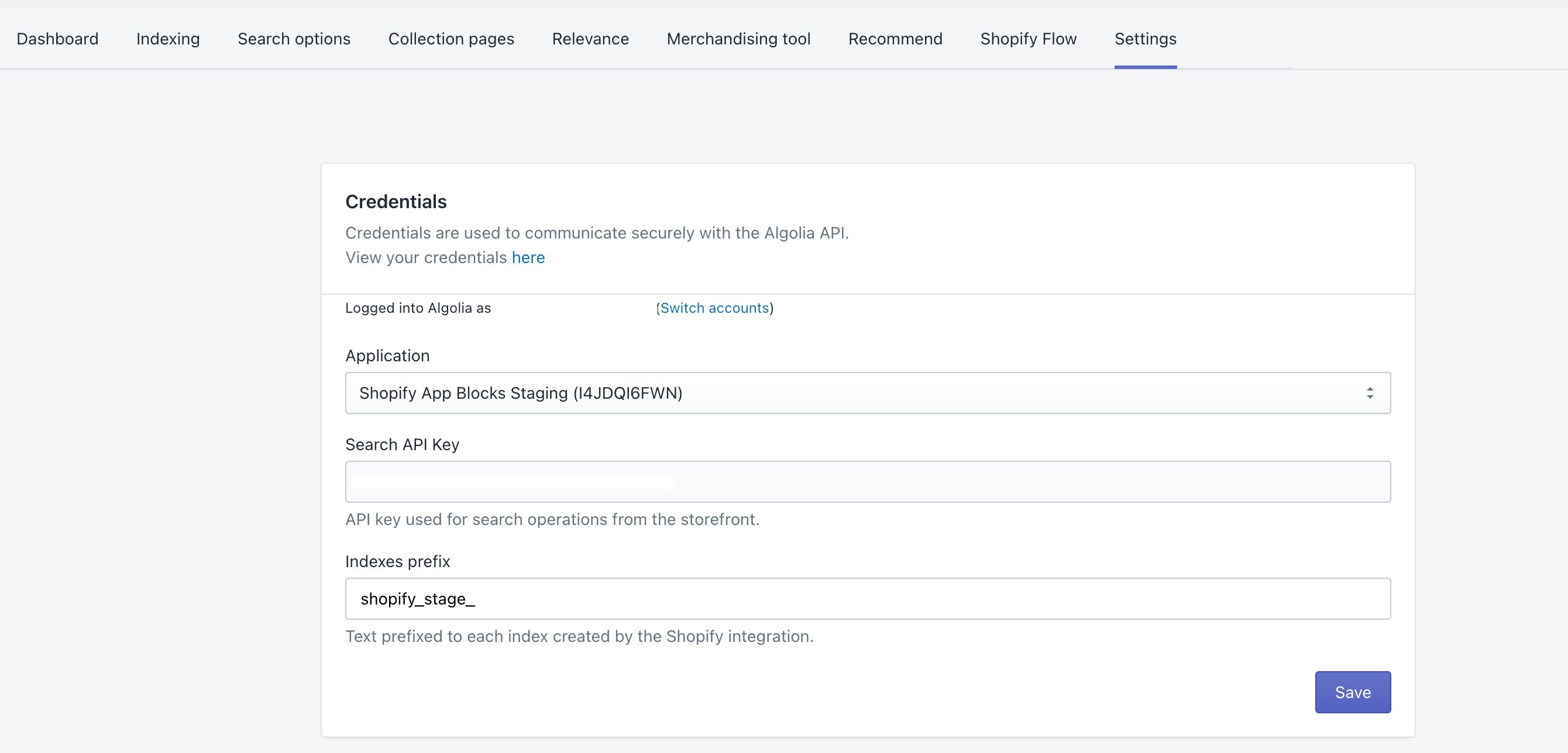 Configuration dialog for Algolia AI Search & Discovery with a menu to select your Algolia application and fields for your API keys and index prefix
