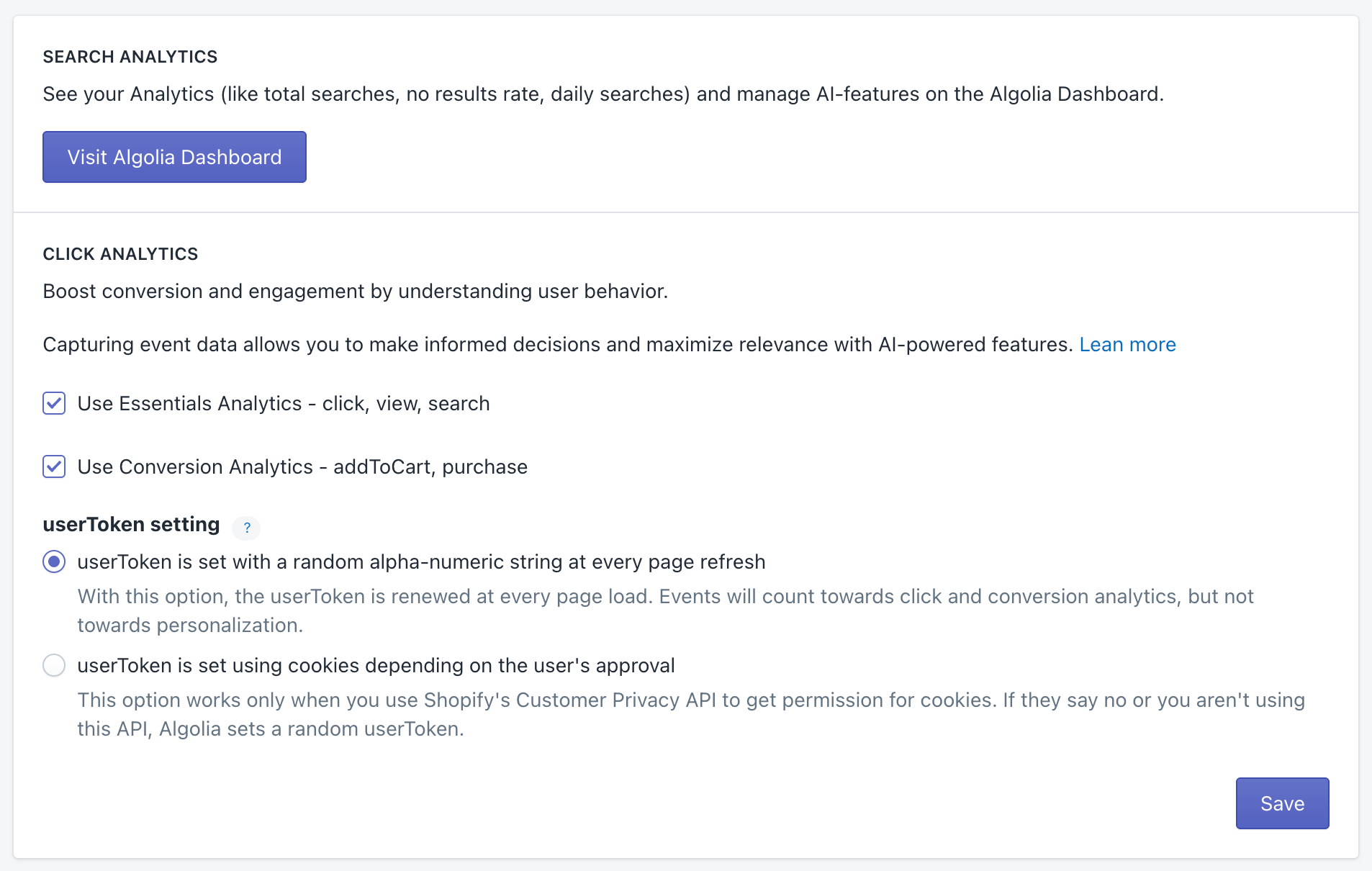 Send click events section in the Shopify admin