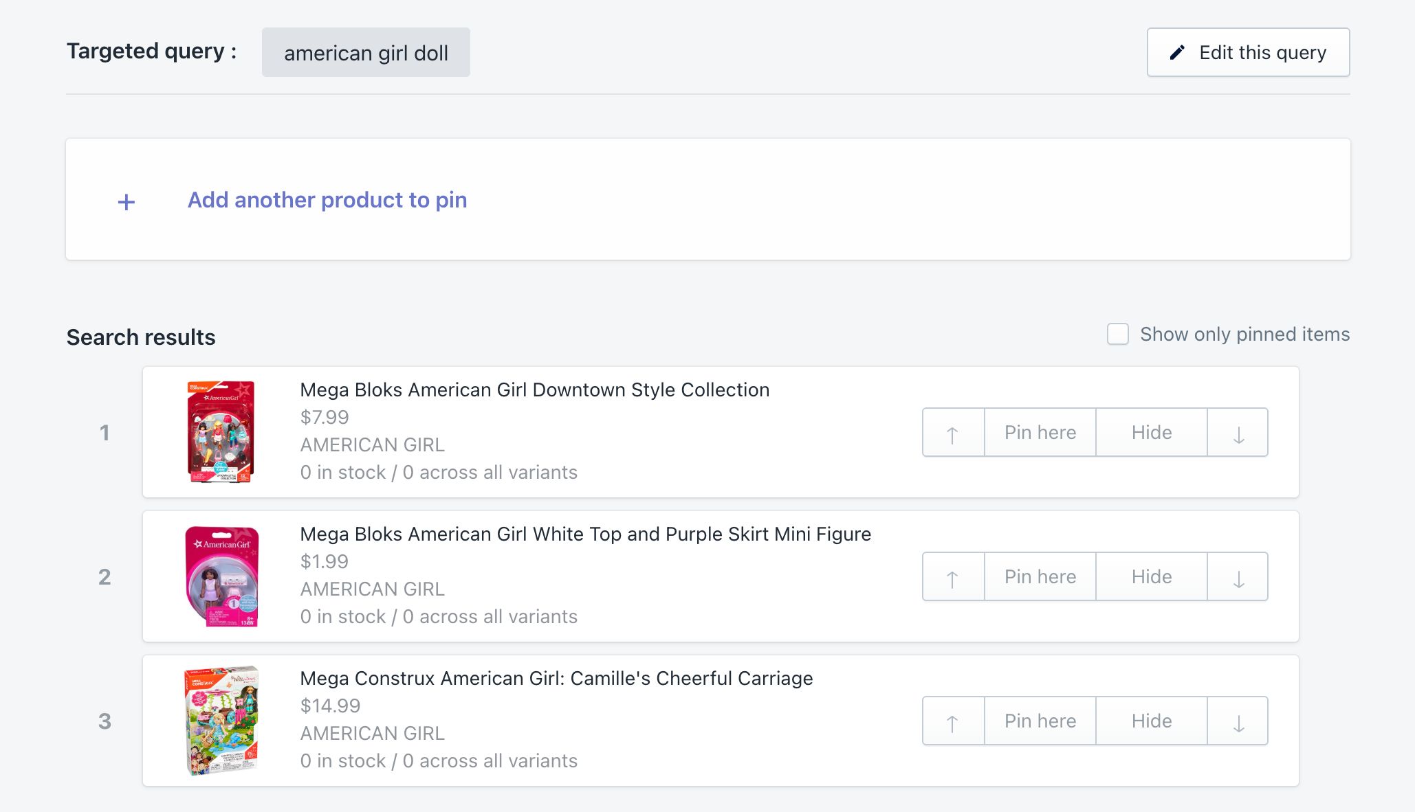 Merchandising a search query in the Shopify admin