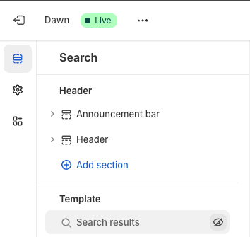 Click the eye icon to turn off the default Shopify search results.