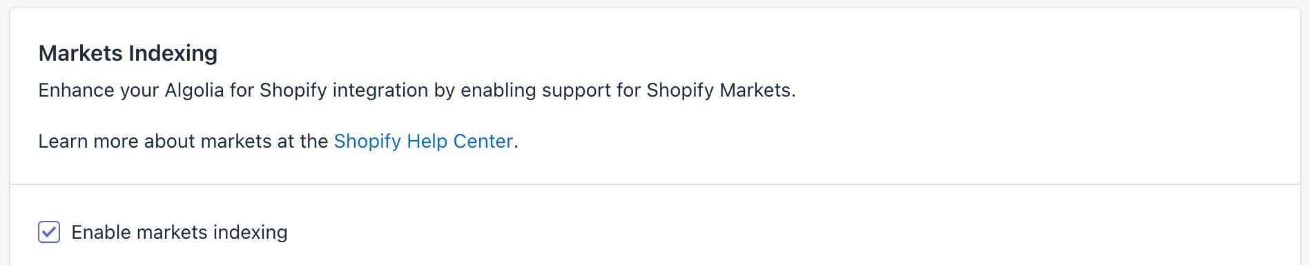 Checkbox displayed to enable markets indexing