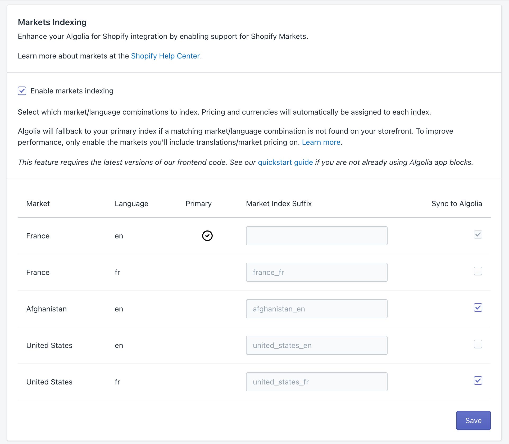 UI of markets indexing after being enabled