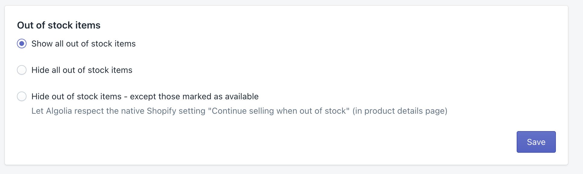 Dialog for handling out-of-stock items in search results in the Algolia AI Search & Discovery app in the Shopify admin