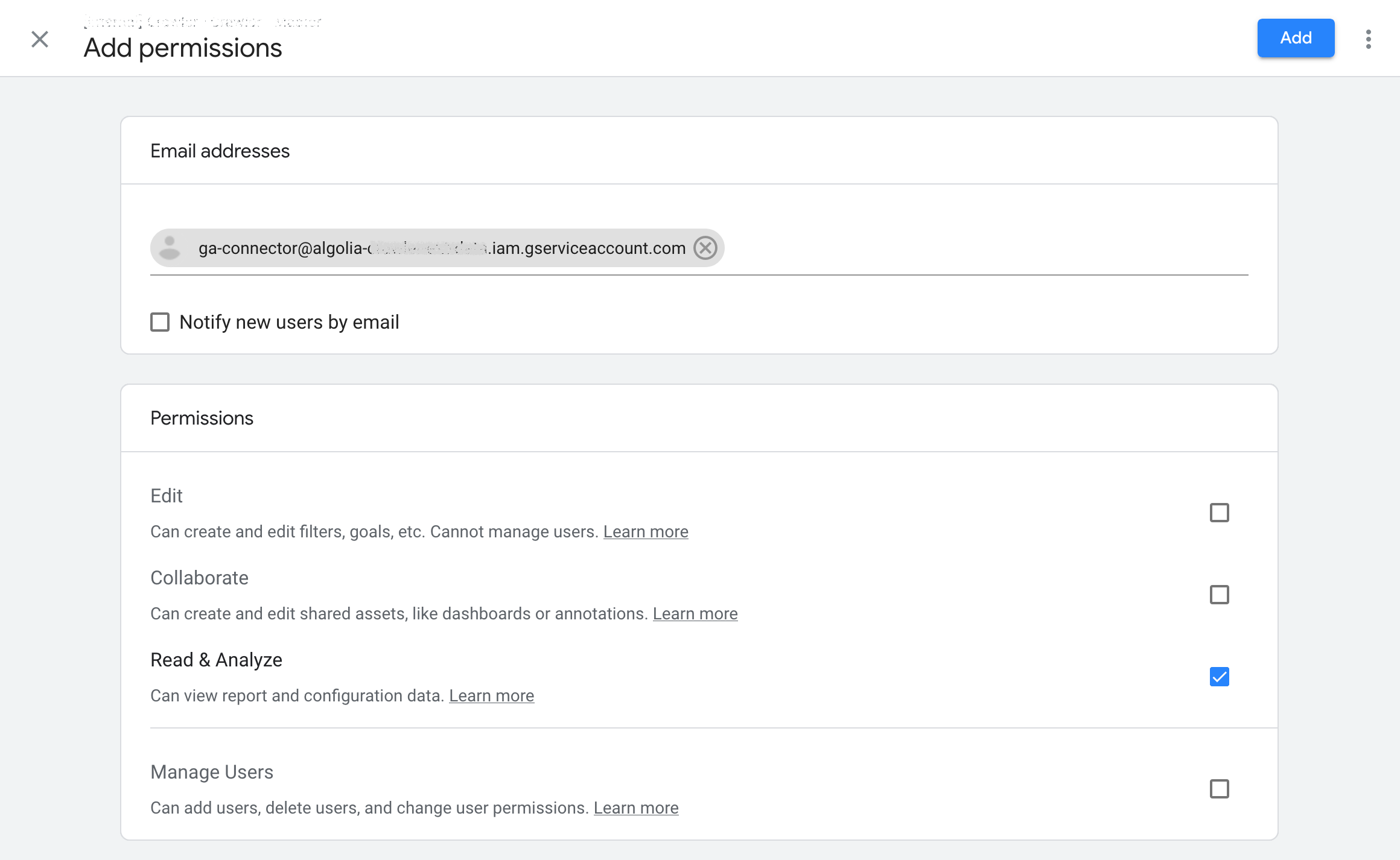 Add Read & Analyze permissions to Google account