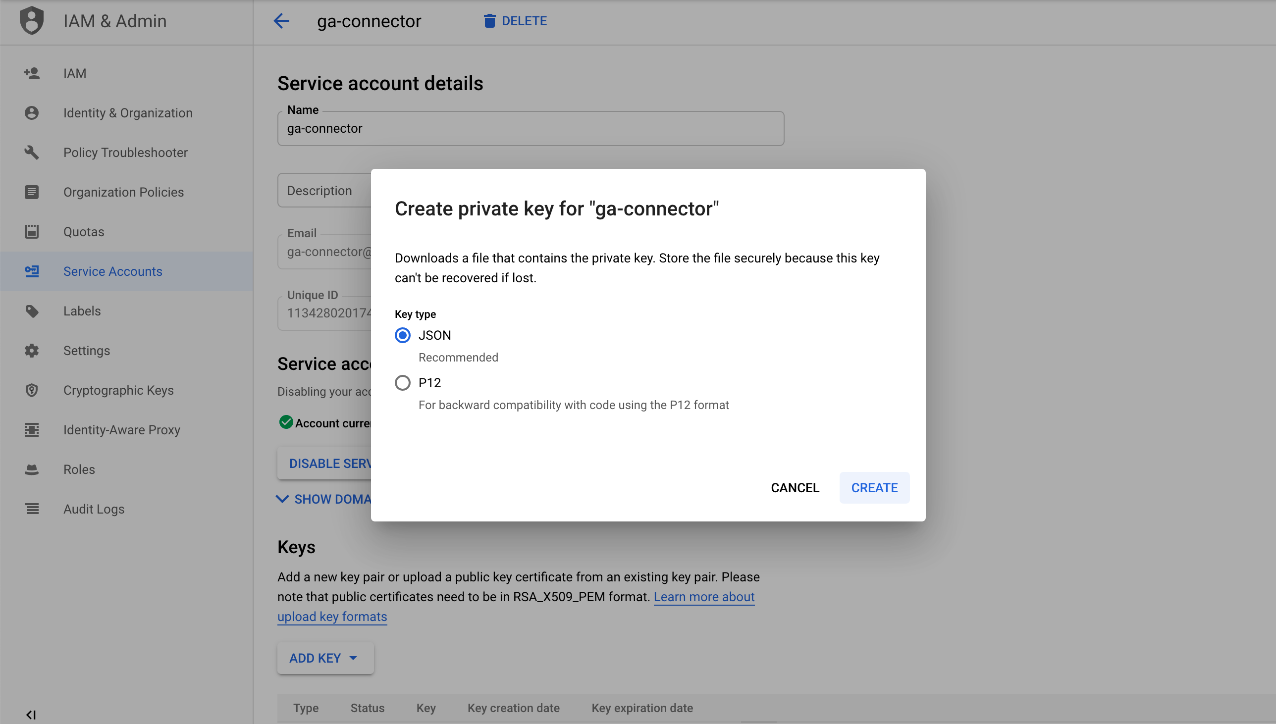 Create a private key file for the Google Analytics connector