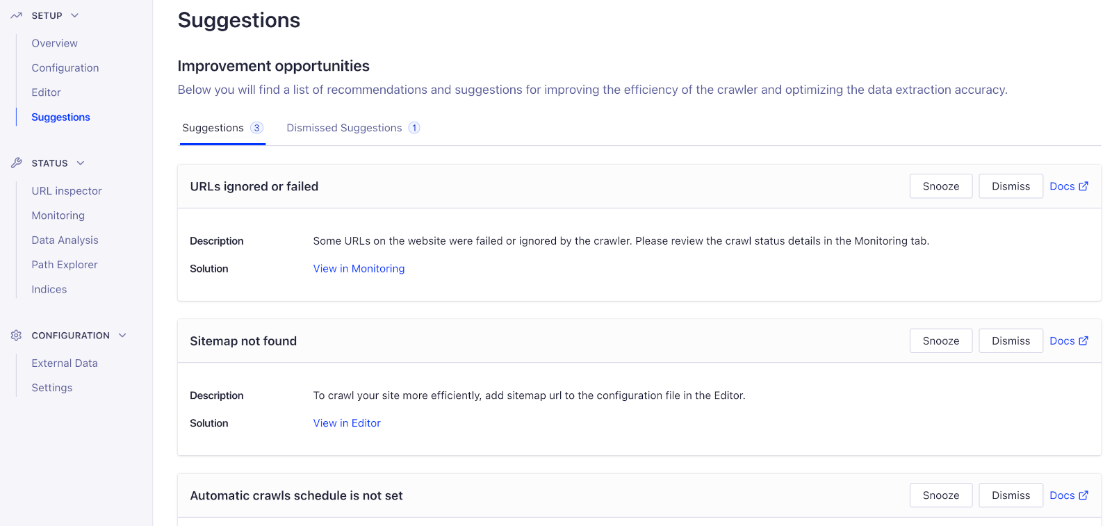 Example list of crawler configuration improvement suggestions