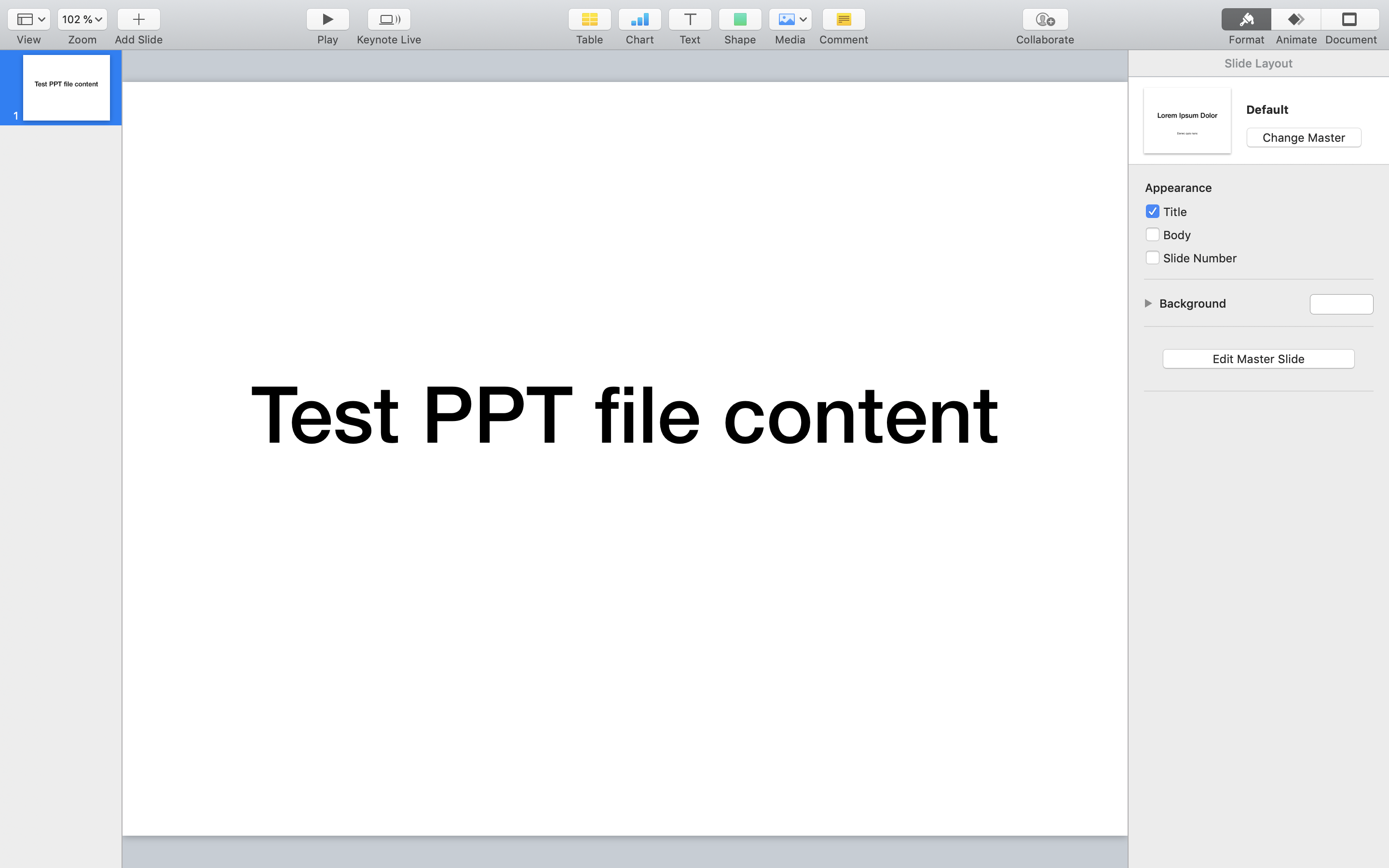 Image of a PowerPoint slide that says: Test PPT file content