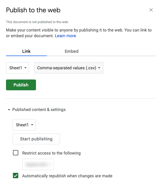 Google Sheets online publishing options