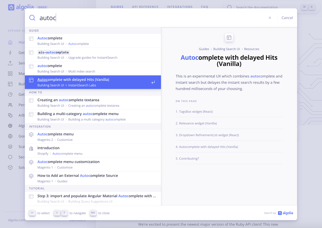 Algolia Documentation search uses Autocomplete